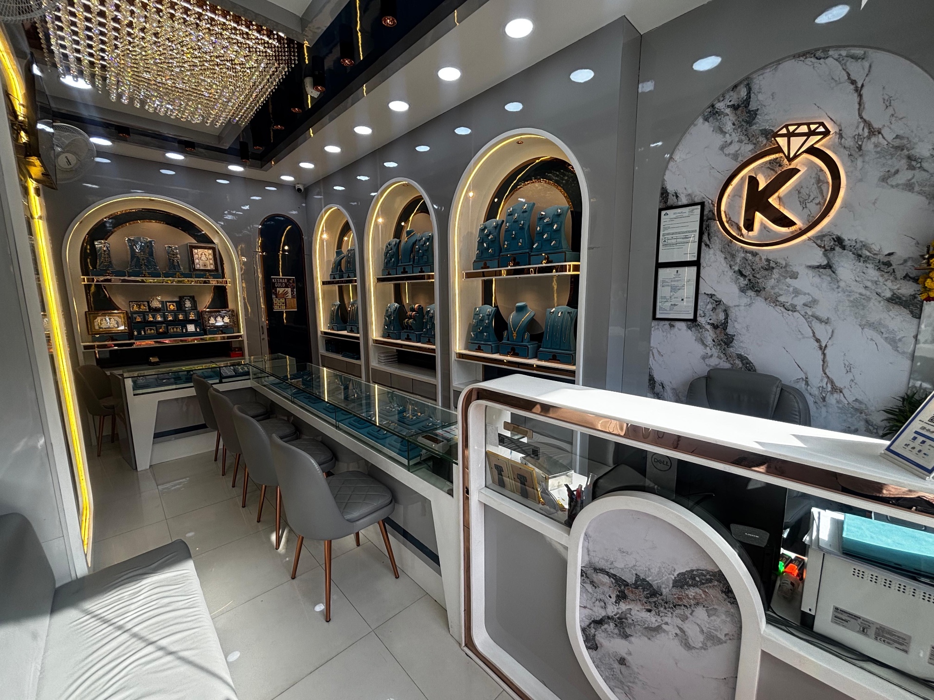 Showroom seating area with chandelier